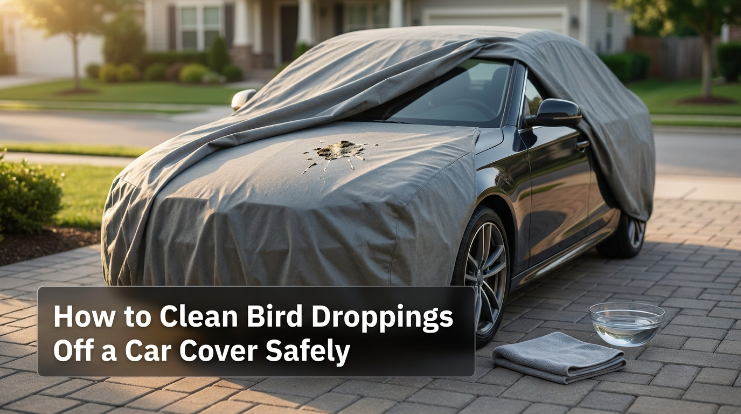 Owner learning how to fix a stretched car cover by adjusting loose fabric and elastic hem