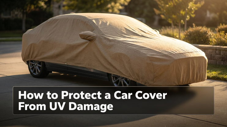 Fitted outdoor car cover protecting a sedan from strong sunlight and UV exposure