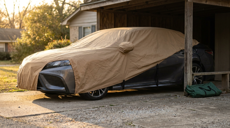 UV-resistant car cover fitted securely on a sedan partly shaded by a carport
