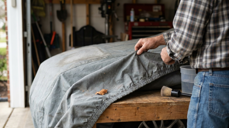 Vehicle owner inspecting faded car cover fabric, seams, and elastic for UV damage