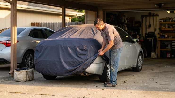 Owner folding a UV-resistant cover in shade to help stop a car cover from fading
