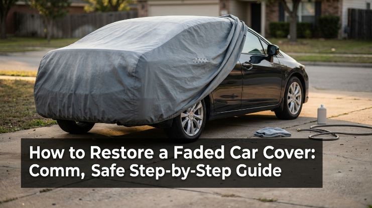 Faded car cover being cleaned and restored safely on a parked sedan