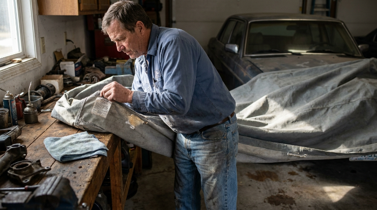 Owner checking fabric, seams, and wear before restoring a faded car cover