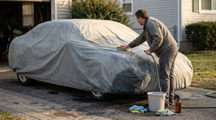 Owner gently washing a faded car cover with sponge and low-pressure hose