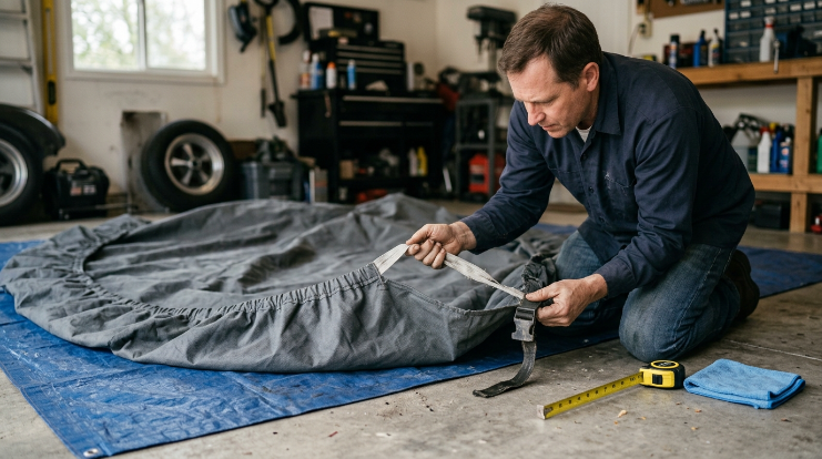 Owner inspecting stretched car cover fabric, elastic hem, seams and retention straps on garage floor