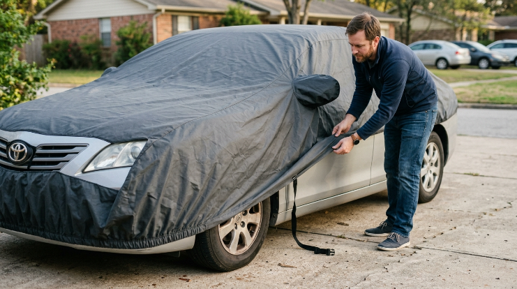 Owner centering a stretched car cover, seating elastic hem and preparing the retention strap