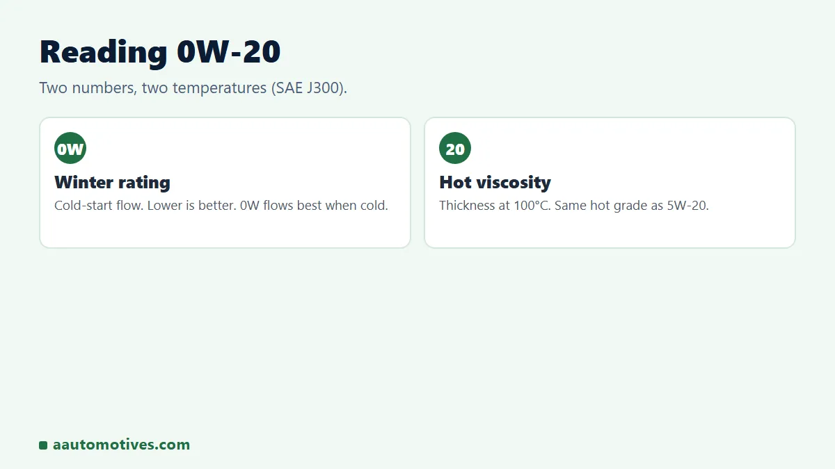 0W-20 meaning explained: 0W winter cold-flow rating and 20 hot viscosity grade
