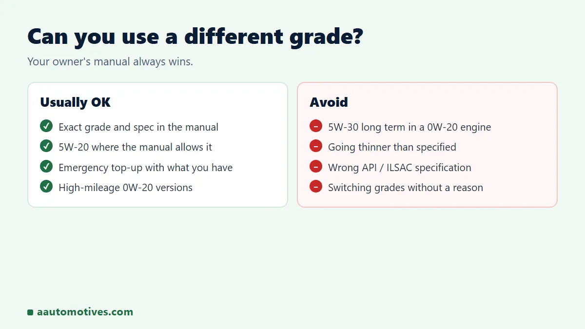 Can you use 5W-20 or 5W-30 instead of 0W-20: substitution rules