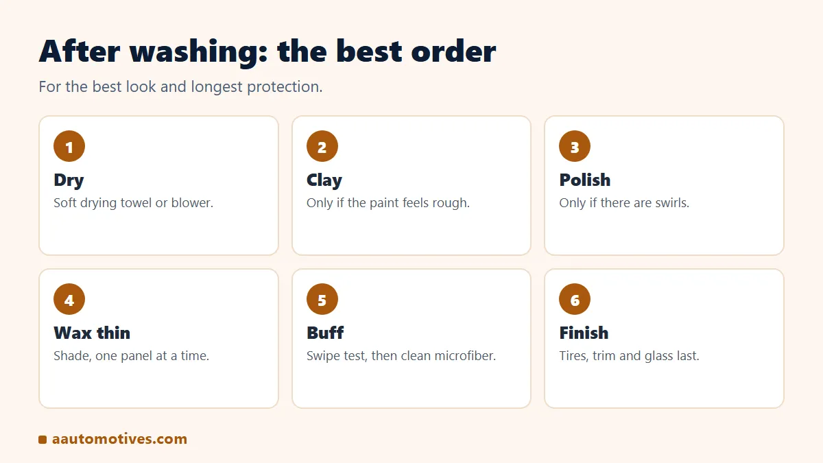Best order after washing a car: dry, clay, polish, wax, buff, tires and glass