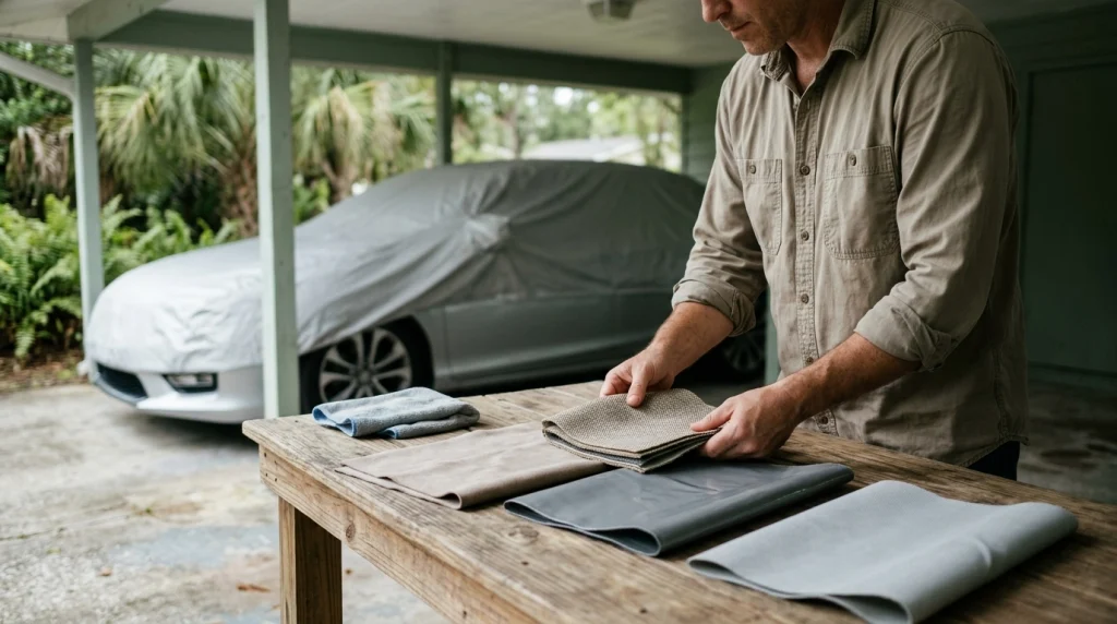Car owner comparing breathable synthetic, indoor, vinyl, and UV-resistant car cover fabrics in a Florida carport.