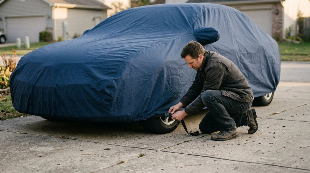 Driver fastening a coated steel cable through reinforced grommets to prevent car cover theft.