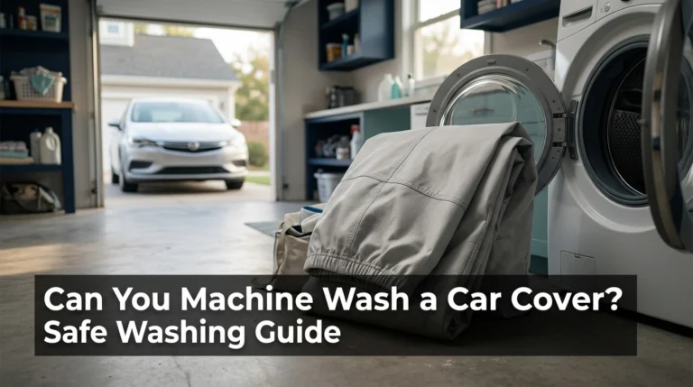 Machine washable car cover beside a front-loading washing machine in a residential garage.