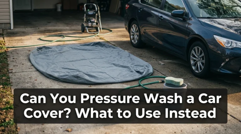 Can you pressure wash a car cover? A car cover, garden hose, and pressure washer in a residential driveway.