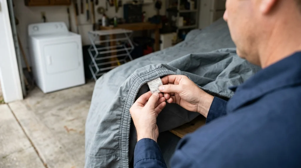 Homeowner checking a car cover care label beside a drying rack.