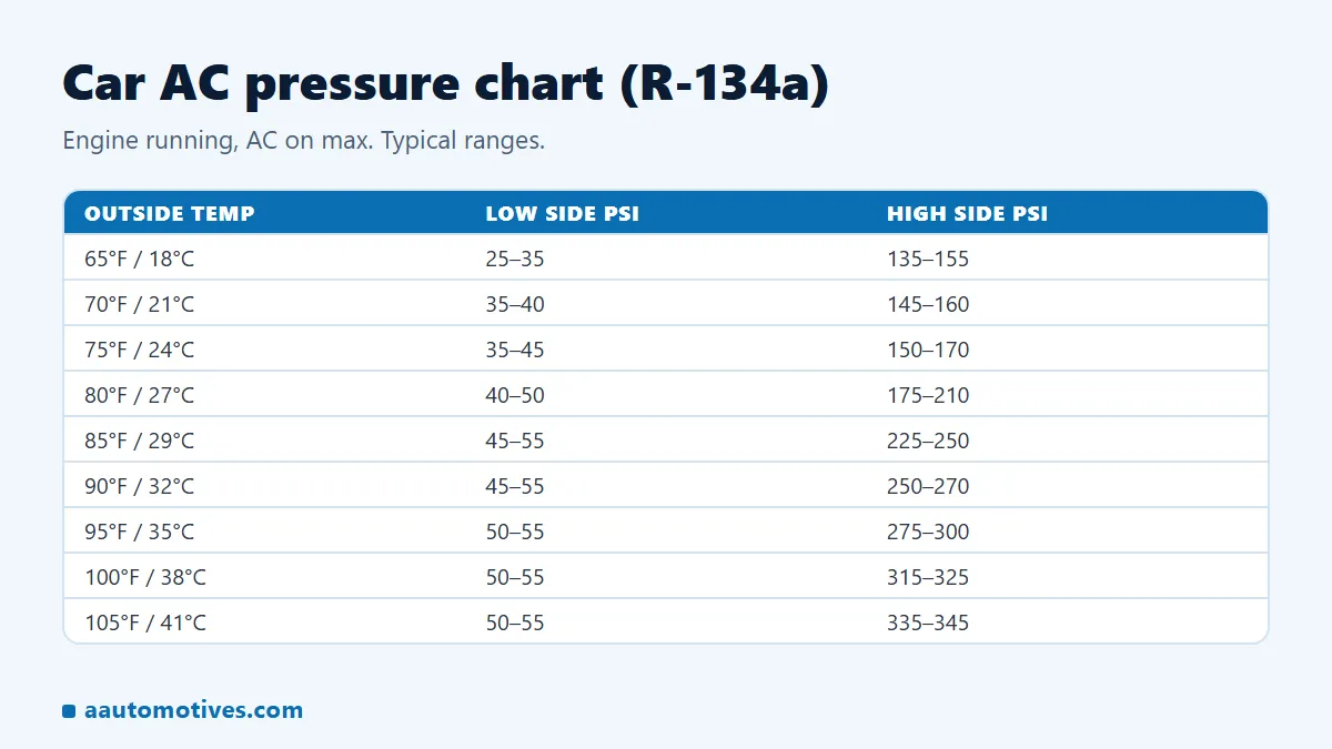 Car AC pressure chart for R-134a: normal low side and high side psi from 65 to 110 degrees F