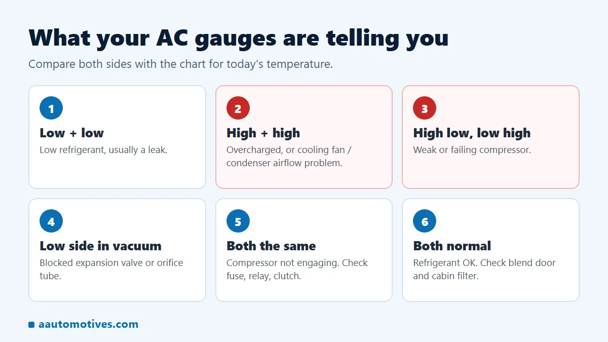 What car AC pressure readings mean: low refrigerant, overcharge, bad compressor, blockage