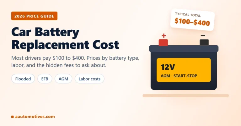 Car battery replacement cost 2026: 12V AGM battery with typical total price tag