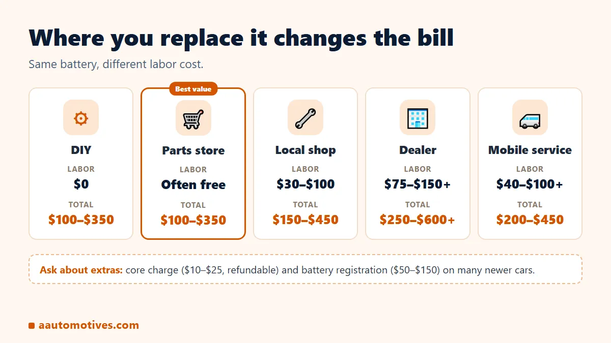 Car battery replacement labor and total cost at DIY, parts store, shop, dealer and mobile service
