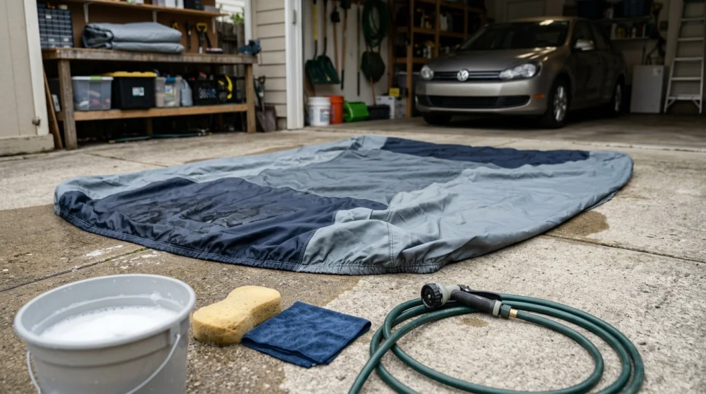 Proper car-cover care with gentle cleaning tools, a clean vehicle, and a cover drying before storage.