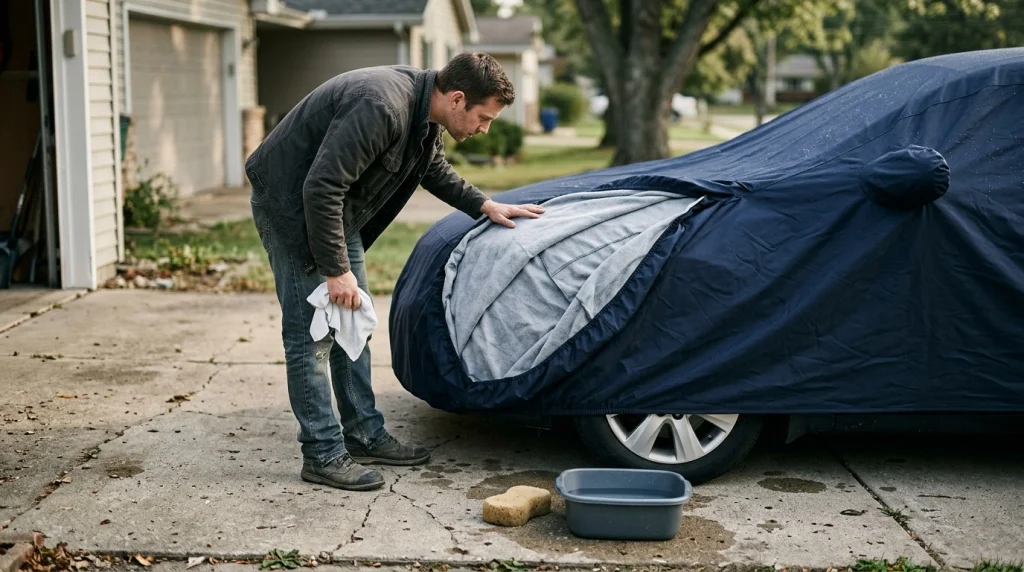 Car owner inspecting the inner lining of a navy car cover for moisture and embedded dirt.