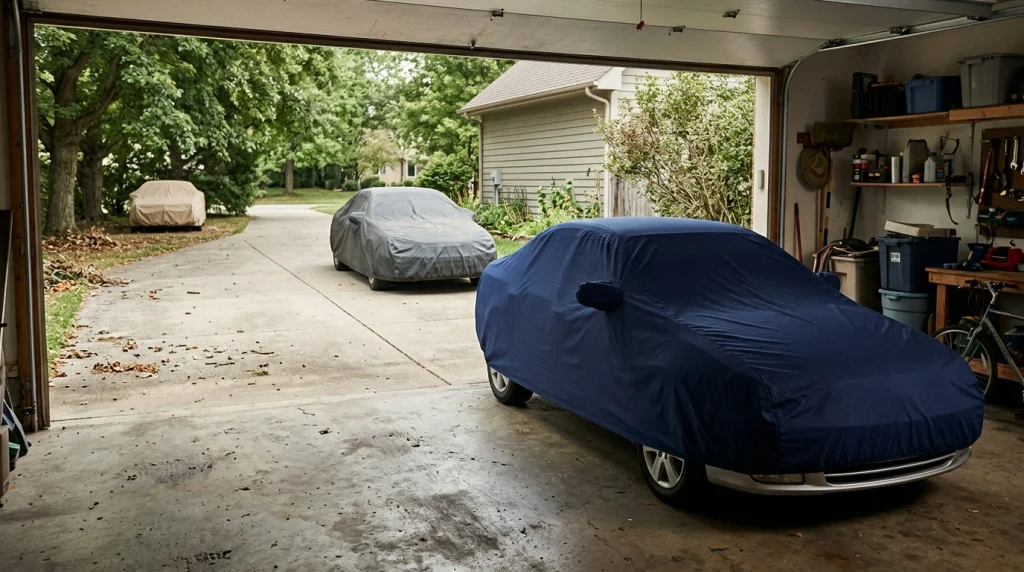 Covered cars in a garage, driveway, and leafy outdoor parking area.