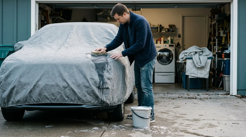 Car owner gently cleaning a gray vehicle cover beside a front-loading washing machine.
