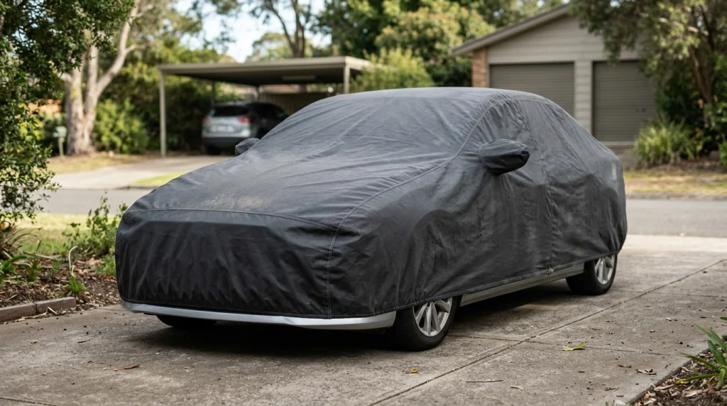 Covered silver sedan in a residential driveway illustrating outdoor car cover lifespan.