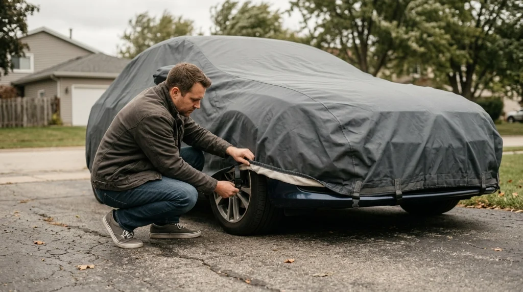 Car owner fastening a gray car cover strap to prevent wind movement and paint abrasion.