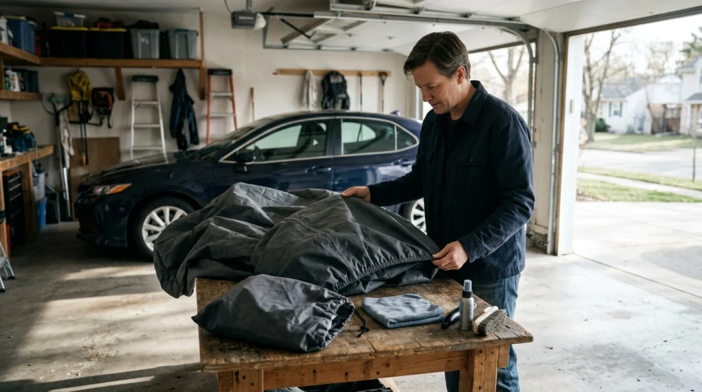 Car cover maintenance tips showing an owner inspecting cover seams and elastic in a residential garage.
