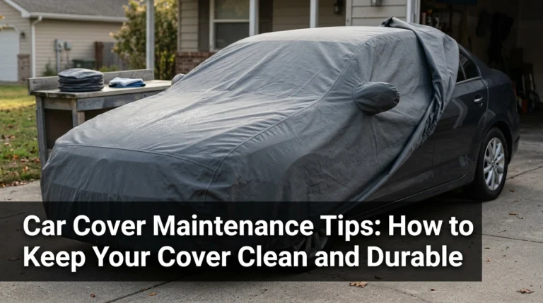 Car cover maintenance tips showing a clean gray car cover protecting a modern sedan in a driveway.