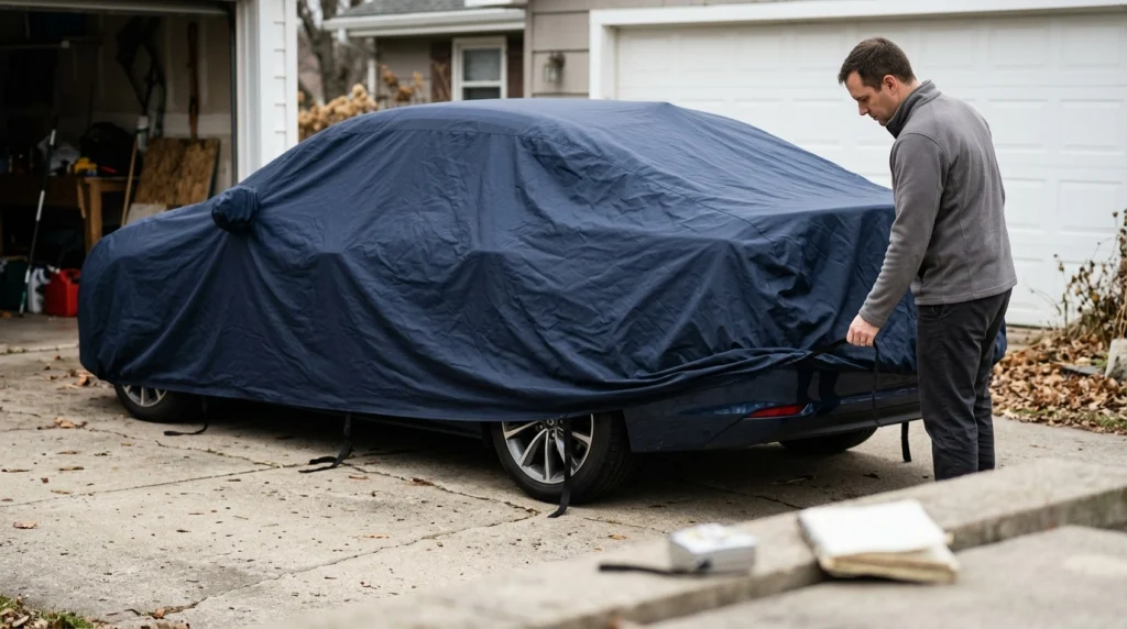 Oversized car cover hanging loosely around a sedan while its owner checks fabric fit and fastening.