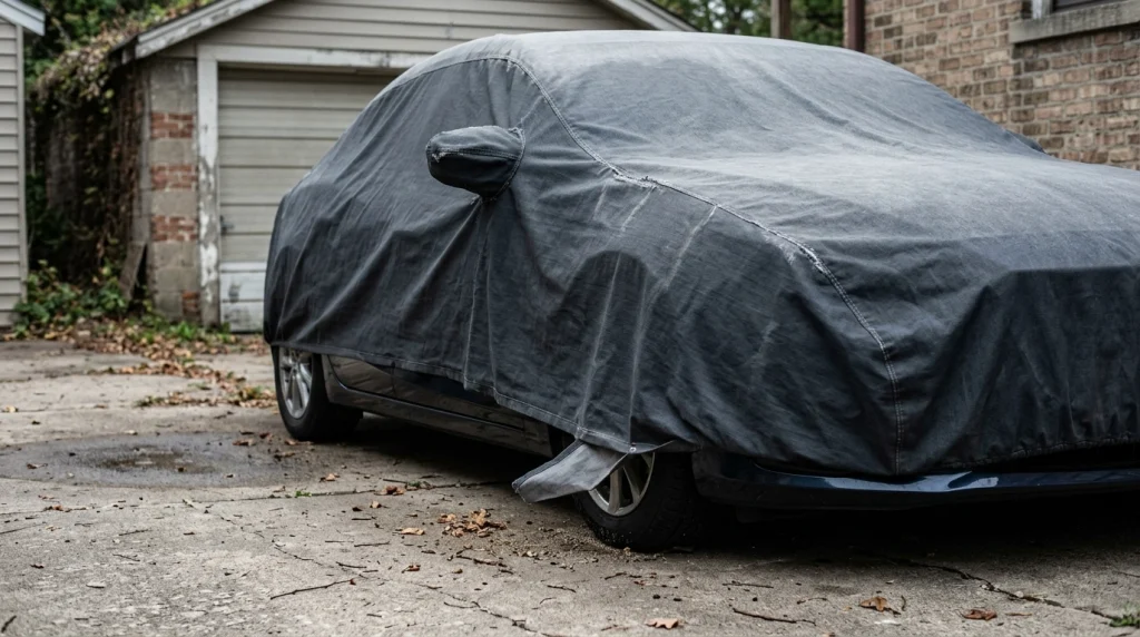 Charcoal-gray car cover showing realistic fabric wear beside a parked sedan in a residential driveway.