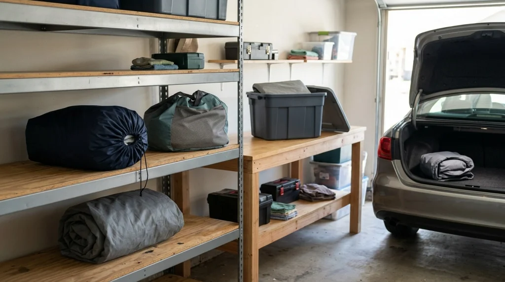 Different car cover storage methods including fabric bags, a storage tote, a garage shelf, and trunk storage.