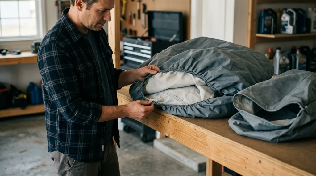 A car owner inspects a dry folded car cover on a raised garage shelf before storage.