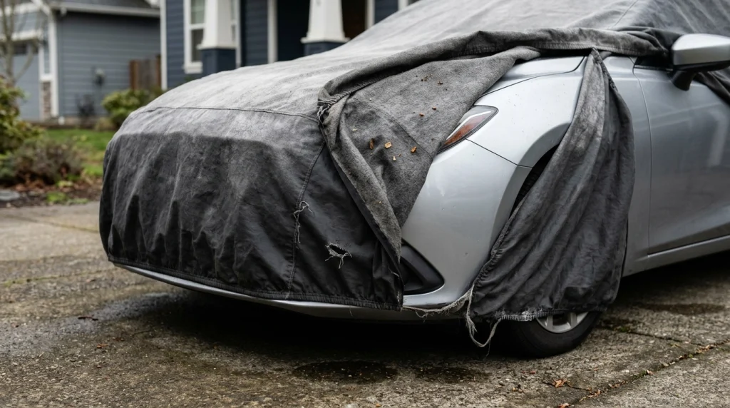 Worn outdoor car cover showing faded fabric, a torn edge, frayed stitching, and stretched elastic.