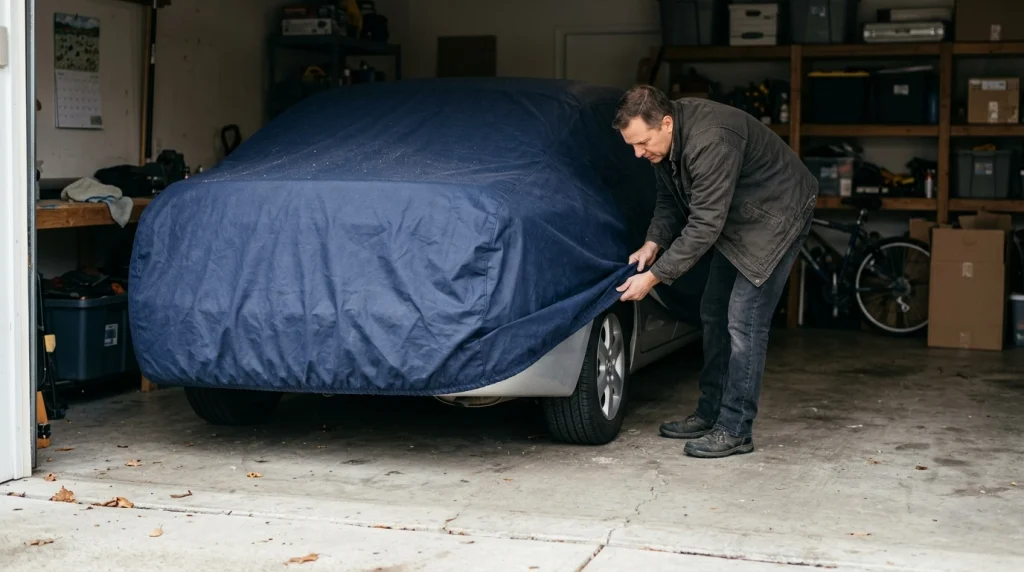 Car owner inspecting a navy car cover for dust inside a residential garage.