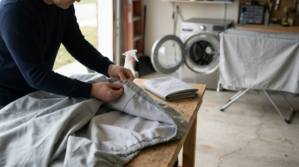Homeowner checking a washed car cover's seams, lining, and water-repellent surface