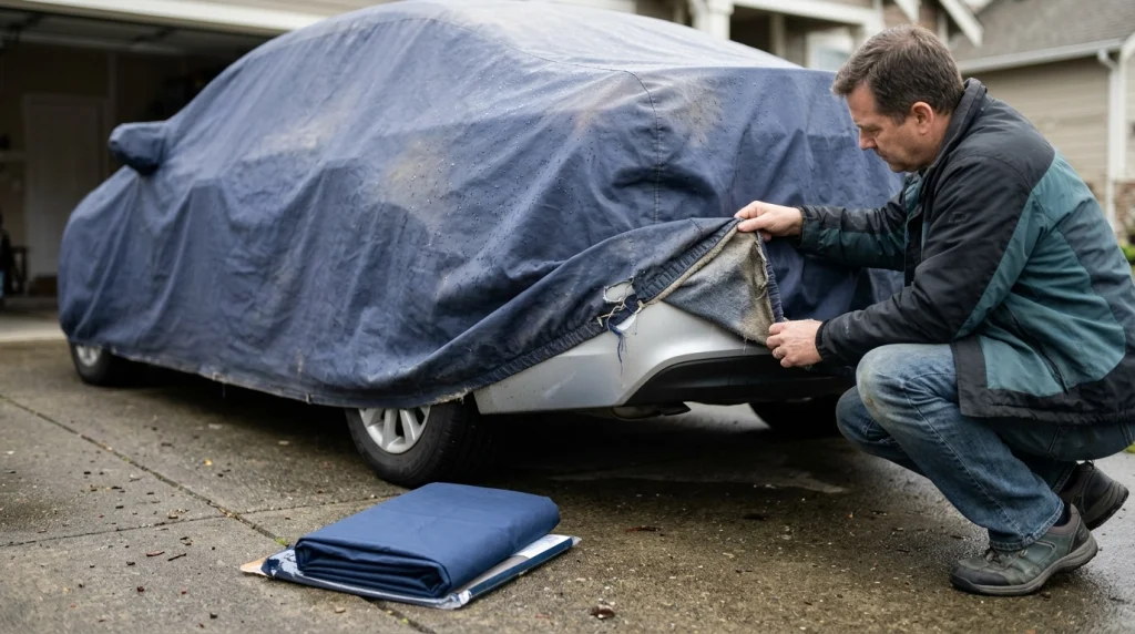 Car owner inspecting frayed seams and worn lining on an aging navy car cover.