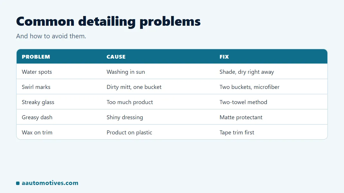Common car detailing problems: water spots, swirls, streaky glass, greasy dash, wax on trim
