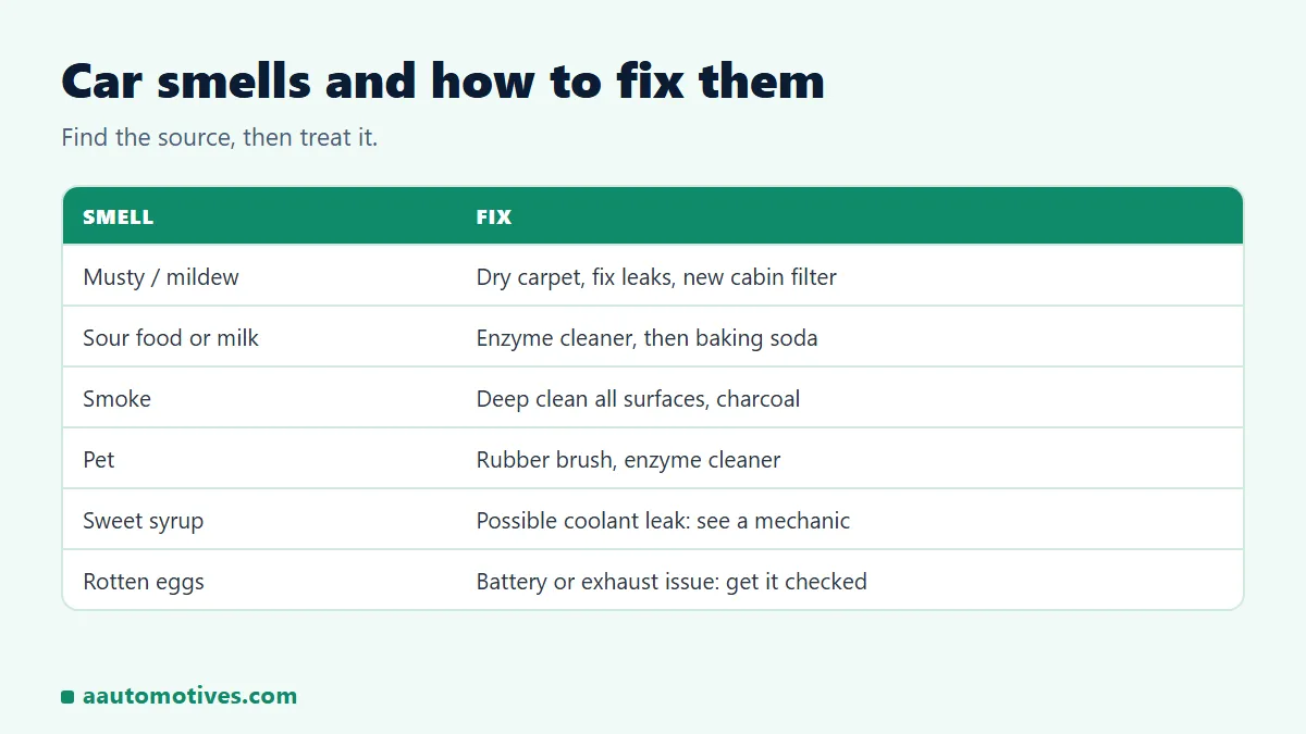 Common car smells and fixes: musty, sour food, smoke, pet, sweet coolant and rotten egg
