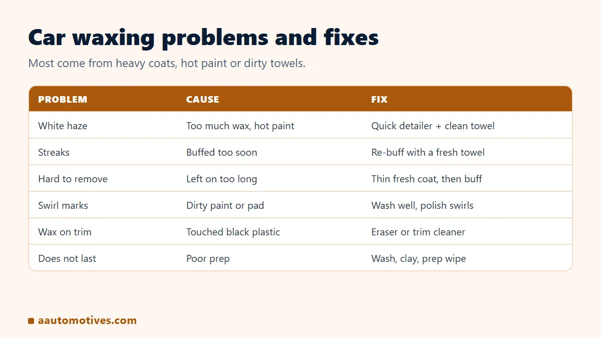 Car waxing problems chart: haze, streaks, swirls, wax on trim and how to fix each