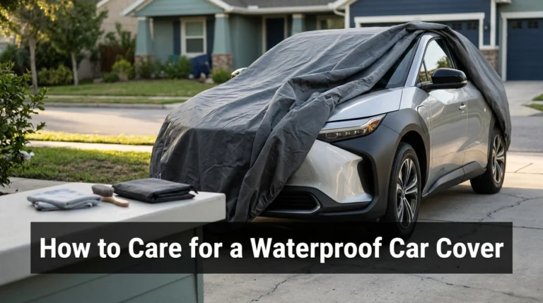How to care for a waterproof car cover beside a clean car in a residential driveway.
