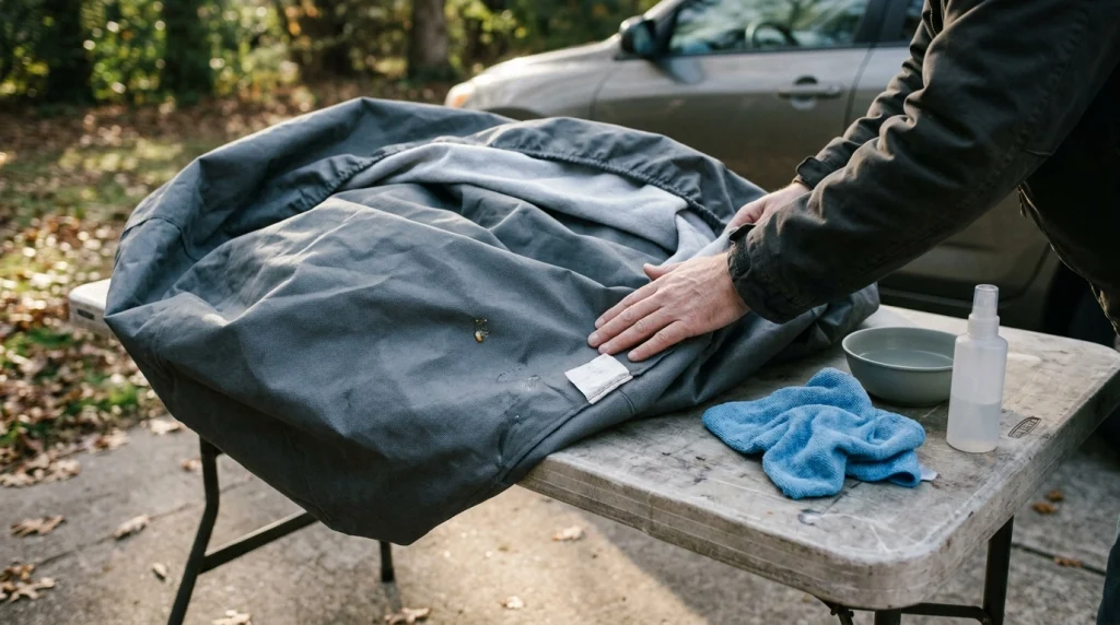 Gray car cover, microfiber cloth, water, and mild cleaner prepared for tree sap removal.