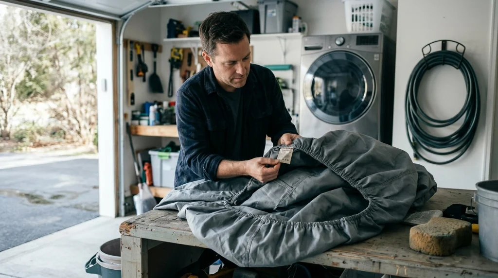 Car owner checks a car cover care label before choosing a washing method.