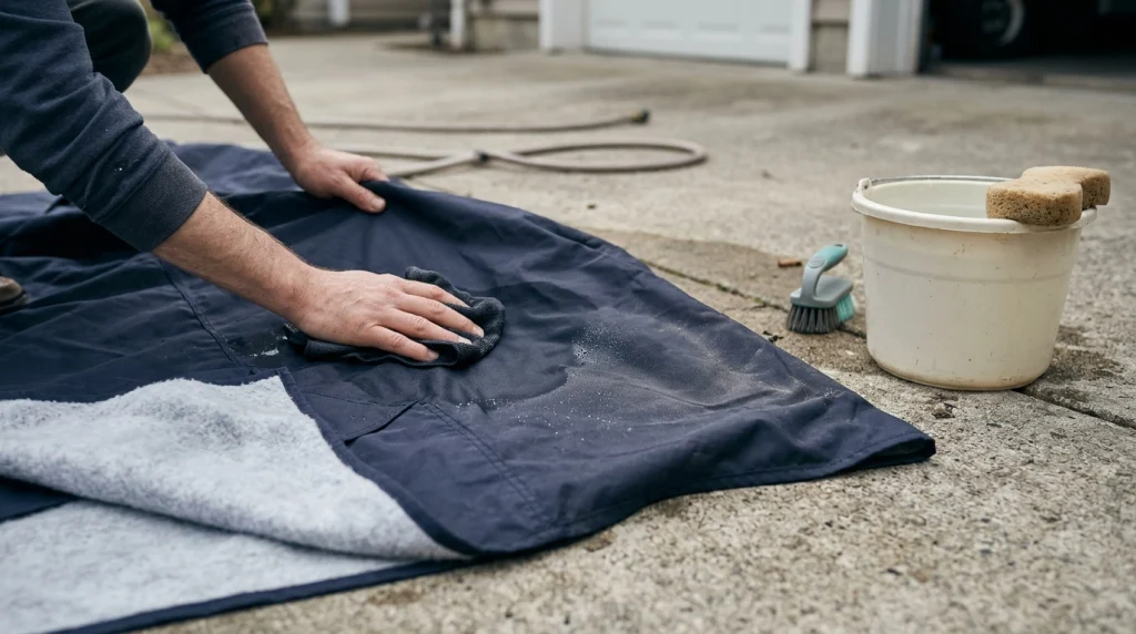 Cleaning a navy car cover with a soft cloth and water on a residential driveway.