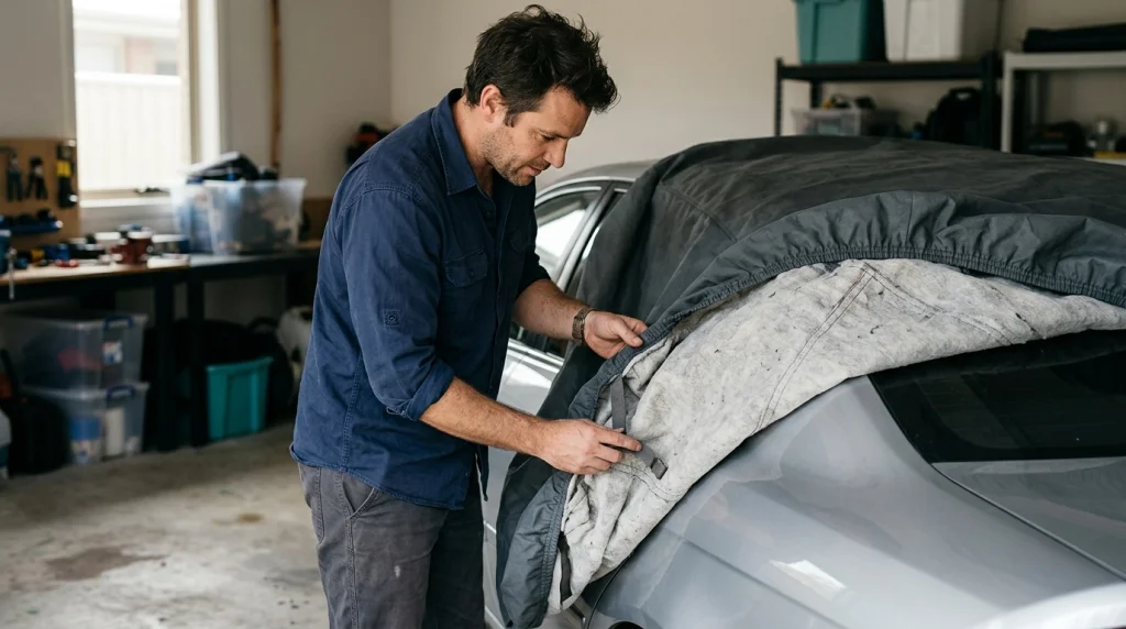 Vehicle owner checking car cover lining, stitching, elastic hem, and buckle beside a silver sedan.