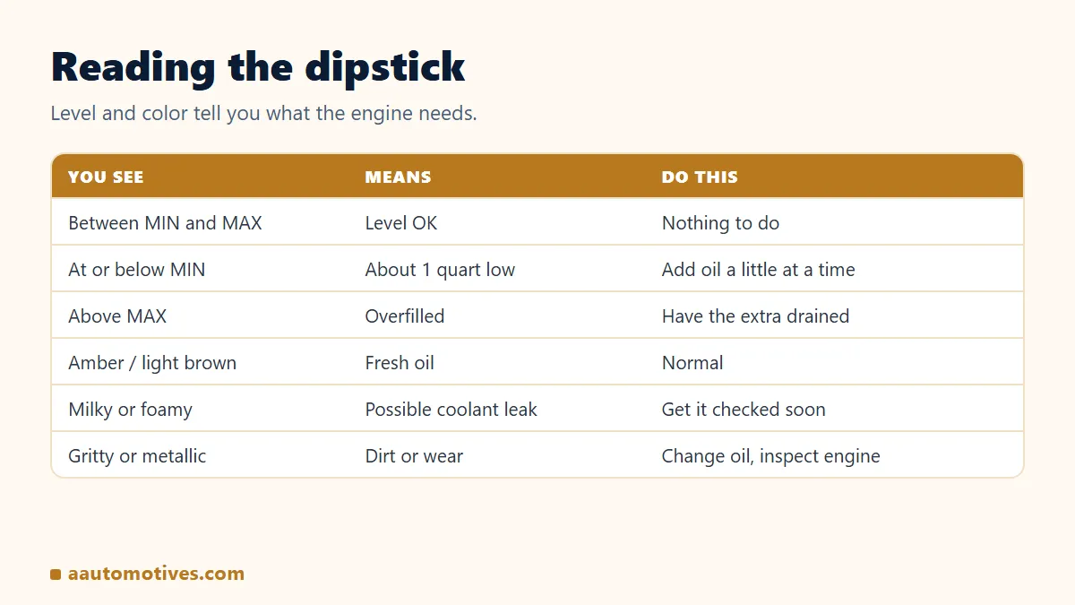 How to read an oil dipstick: level between MIN and MAX and what oil color means