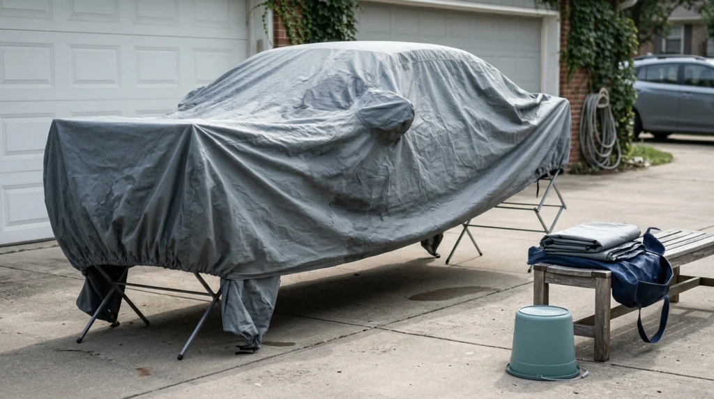 Clean gray car cover spread across a ventilated drying area beside a residential garage.