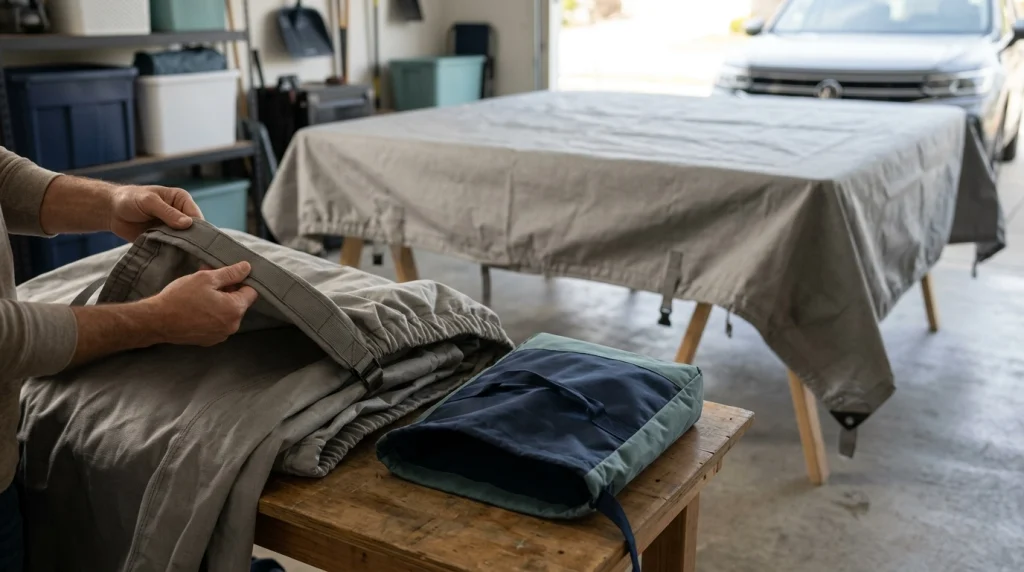 Gray car cover air drying on smooth supports beside a clean storage bag in a ventilated garage.