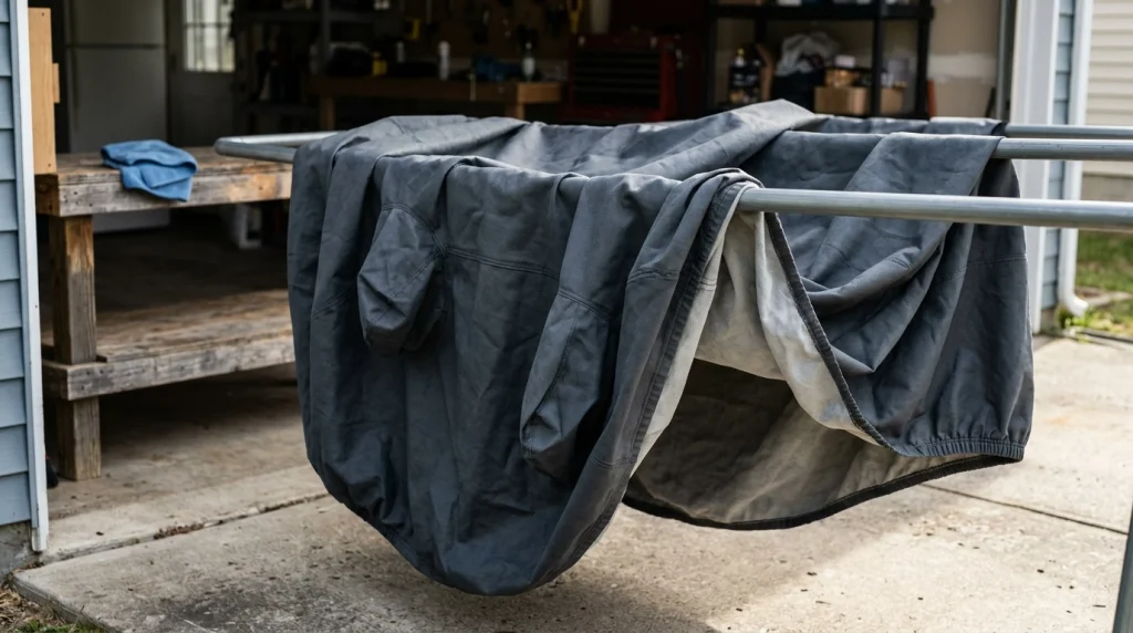 Charcoal-gray car cover spread over a clean drying rack to air-dry evenly.